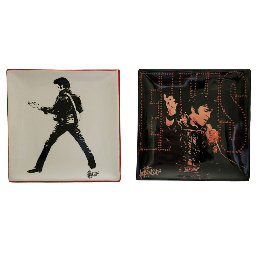 Joe Petruccio Elvis Plates Set 2 Hand Painted Hand Crafted Square 7" Artwork
